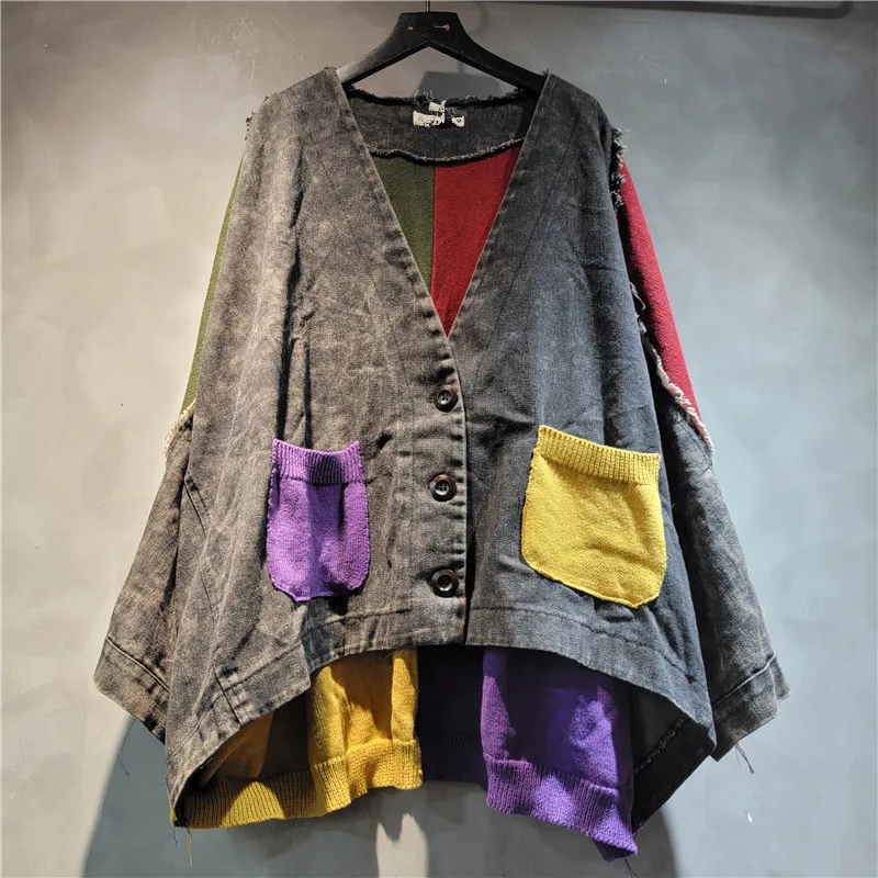 

SuperAen Retro Contrasting Color Knitted Splicing Denim Cardigan Jacket Loose 2024 Autumn Fashion Women's Jacket