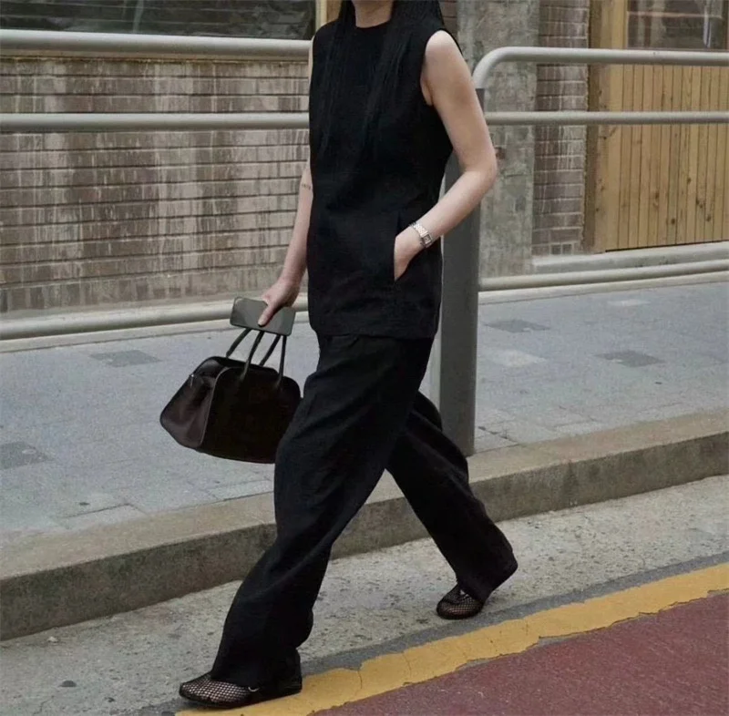 Bla White PREON 여름 신상 슬리퍼 오니 스웨이블 코튼 린넨 조끼 다용도 여성 아우터웨어 레귤러 길이