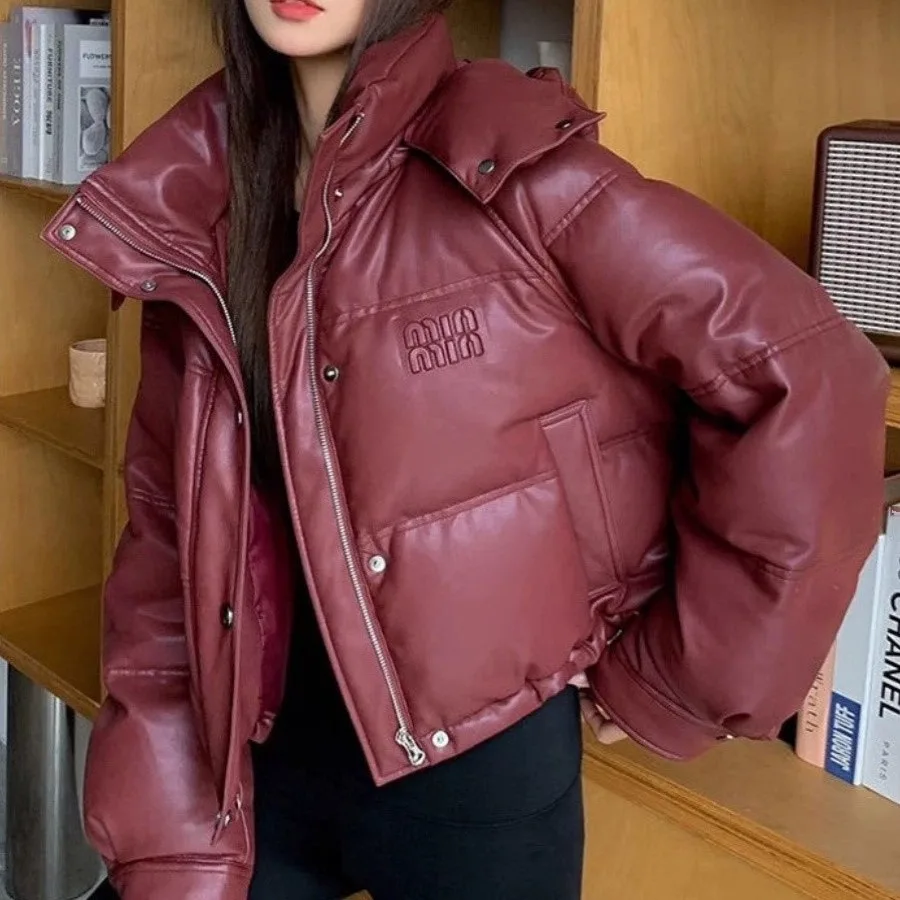 Korean-Style PU Leather Short Down Jacket with Hood Versatile and Thickened Puffer Coat for Commute