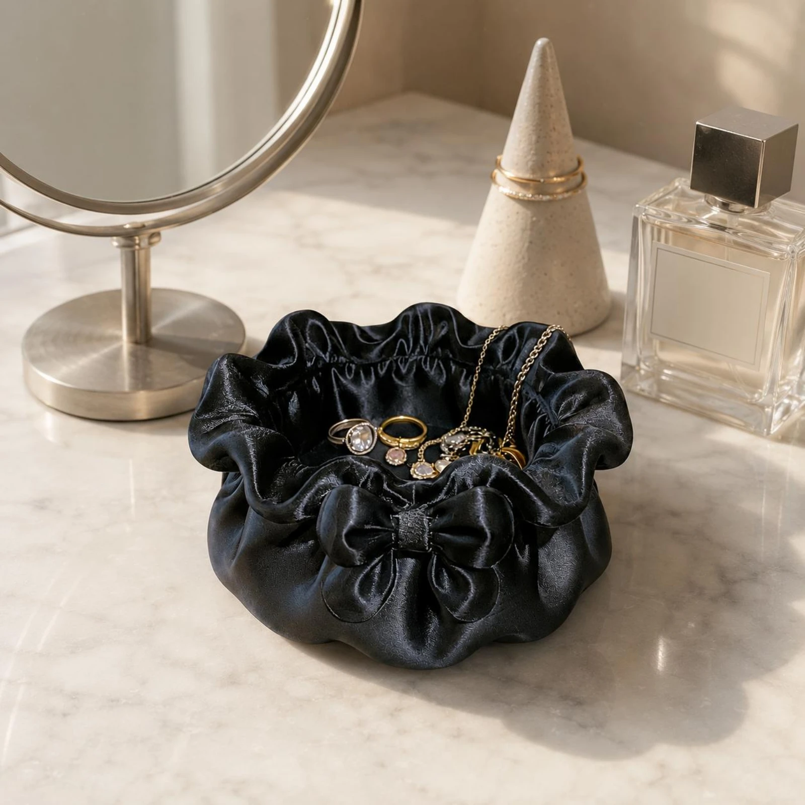 Petal-Shaped Jewelry Box Decorative Bow Ruffled Jewelry Box Home Accessory Open Top Tabletop Organizer