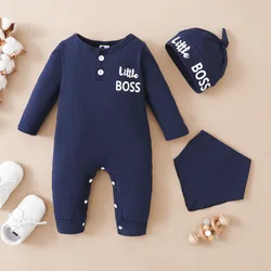 0-12 Months Newborn Baby Boy Bodysuit Toddler Baby Romper Long Sleeves Letter Print Jumpsuit+Hat Fashion Cute Style Daily Wear