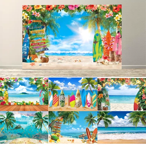 Imagen 1 del producto Fondo de fotografía de playa hawaiana de verano, fondo de tabla de surf con hojas de palma y flores tropicales para fotomatón de fiesta Luau Aloha