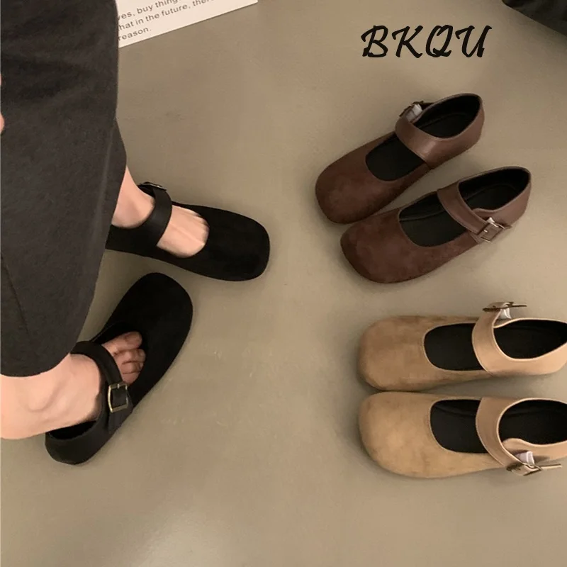 BKQU Vintage Abrasive Leather One-line Button Mary Jane Shoes Flat Shoes 2024 Spring and Autumn New Soft Bottom Round Head Women