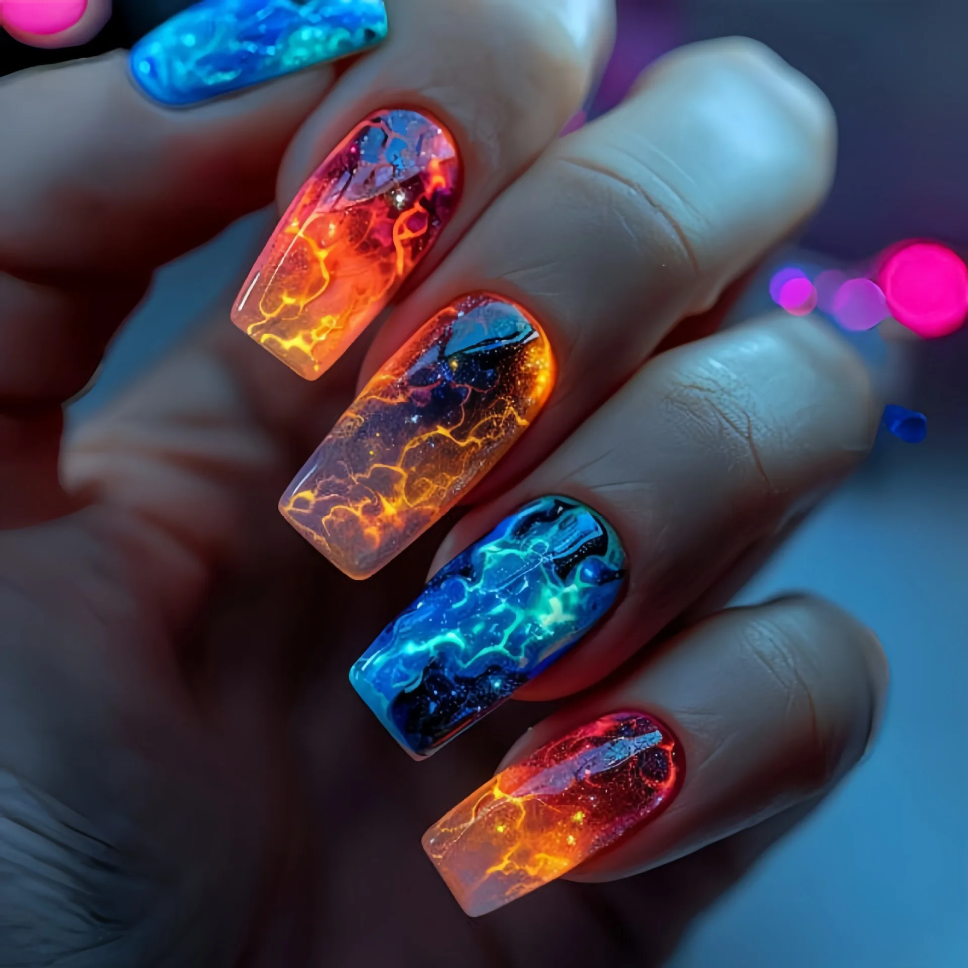 24pcs/set Medium Square fake nails Gradient Aurora flame Lightning stripes starry sky faux ongles tips press on false nails art