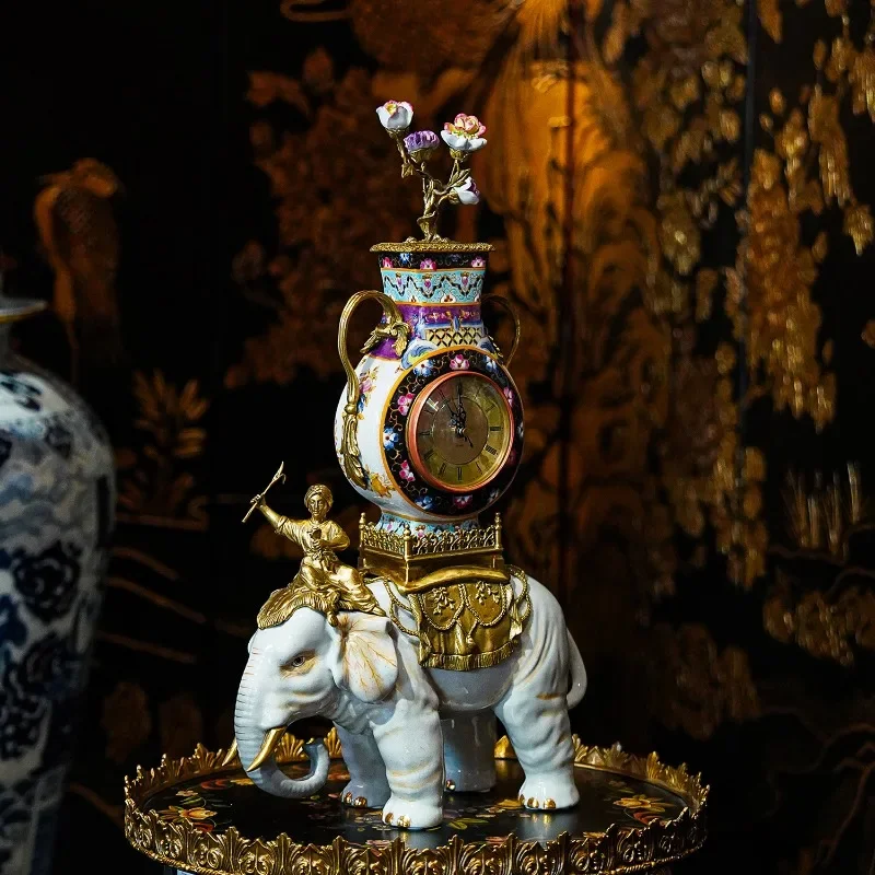HX99 new Chinese high temperature ceramics, copper inlaid elephant clock living room, desktop decoration, entrance ornament