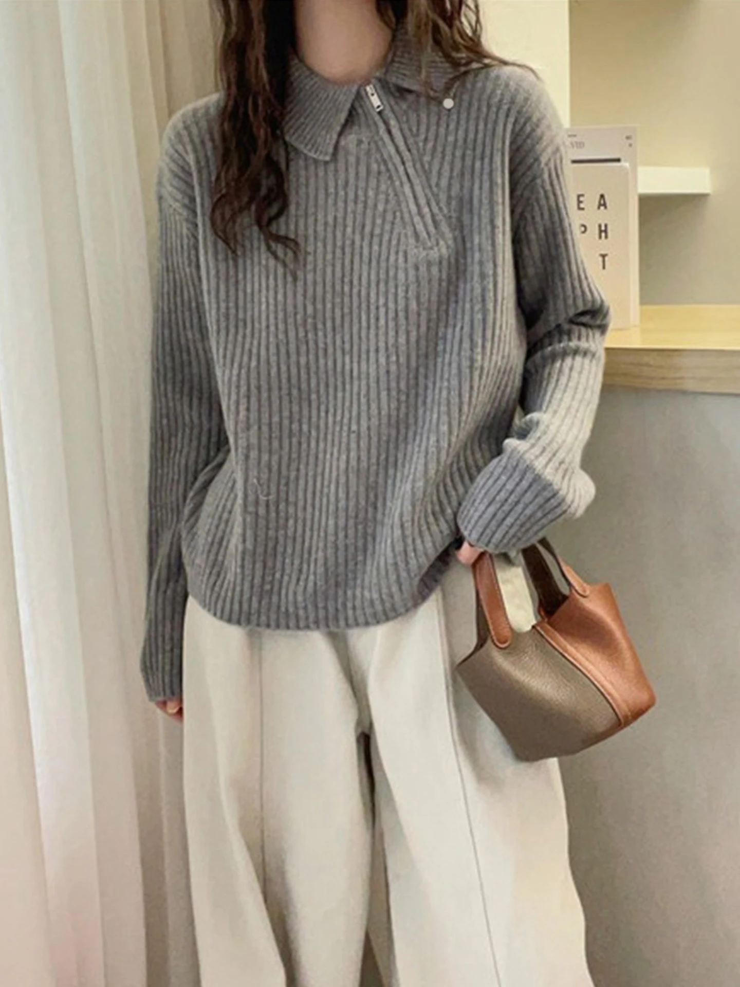 Damen Faionable Pure Color Camere Pullover Loose Long Sve Overhead Strickoberteil Schlankheitsstreifen Winter SLE Damen...