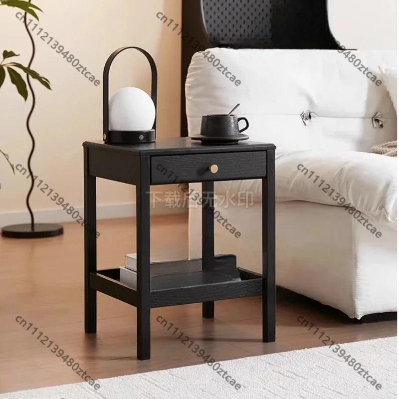 Small Home Solid Wood Sofa Side Table, Simple Bedroom Bedside Table, Living Room Double Black Corner End Table  Furniture Decor