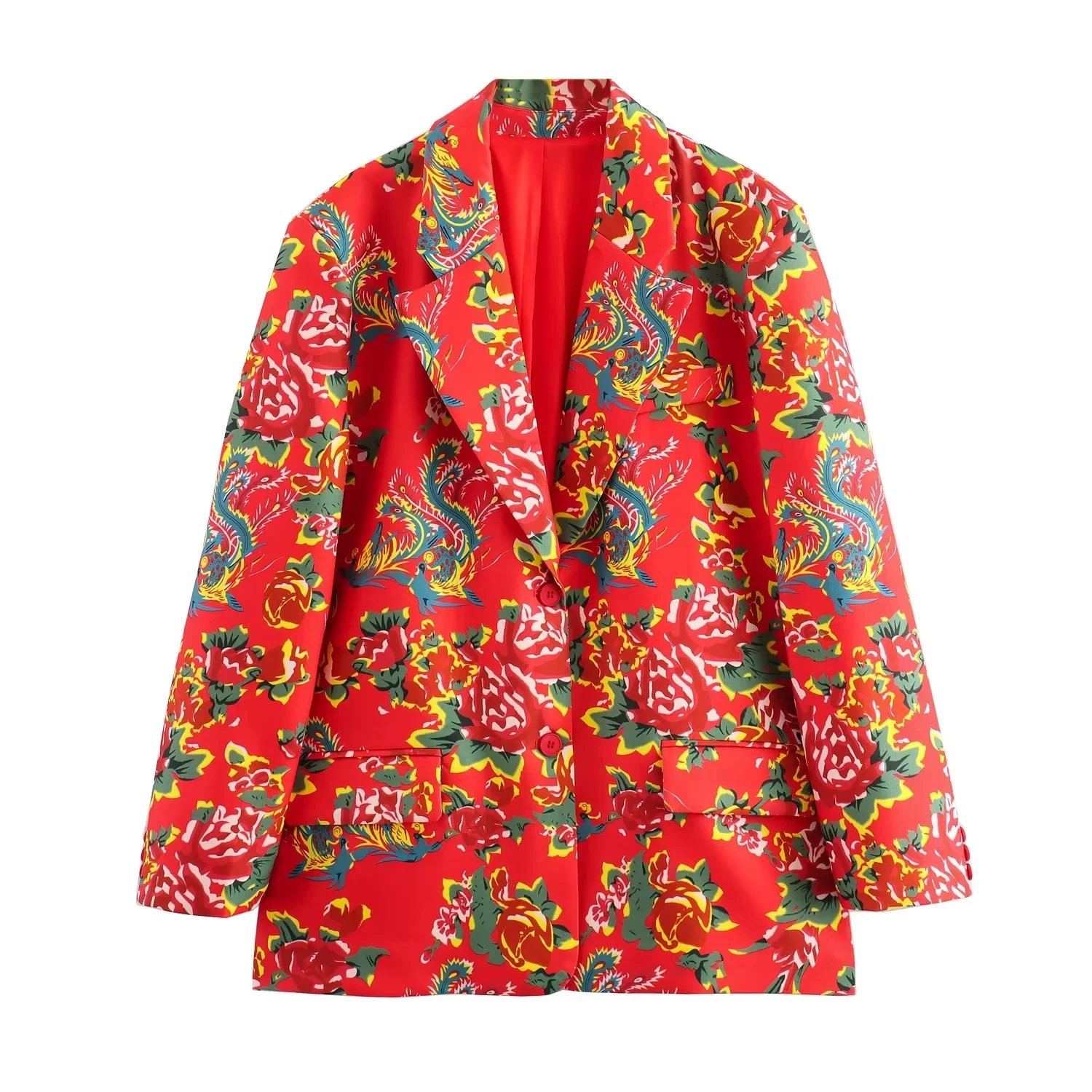 

Women's Versatile Red Floral S37 Suit Jaet Collar Long Sve Busin Casual Outerwear Faionable All-Match Sle