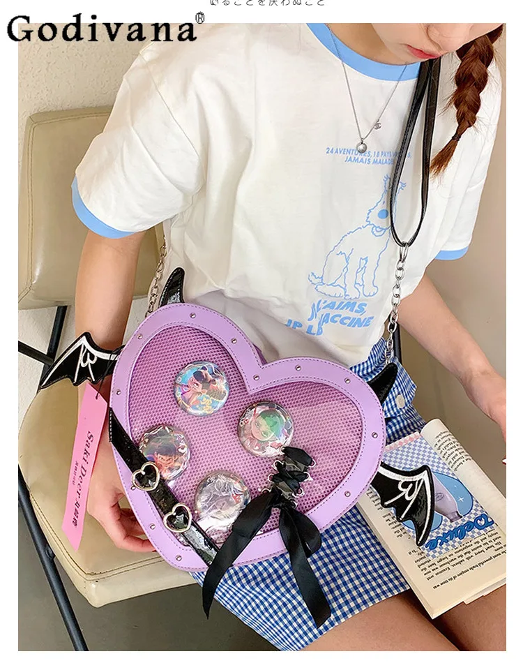 

Sweet Cool Girl Cute Wings Ribbon Y2K Subculture Japanese Original Pain Bag Heart Transparent Bow Crossbody Bag for Women