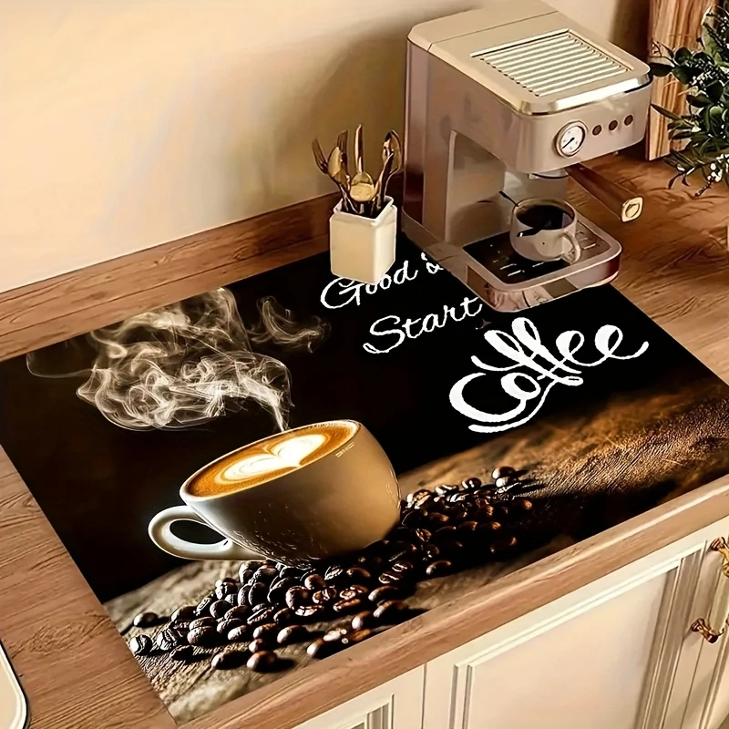 Vintage Latte Coffee Bean Classic Art Kitchen Drain Mat,Espresso Machine Counter Worktop,Non Slip,Quick Dry,Present