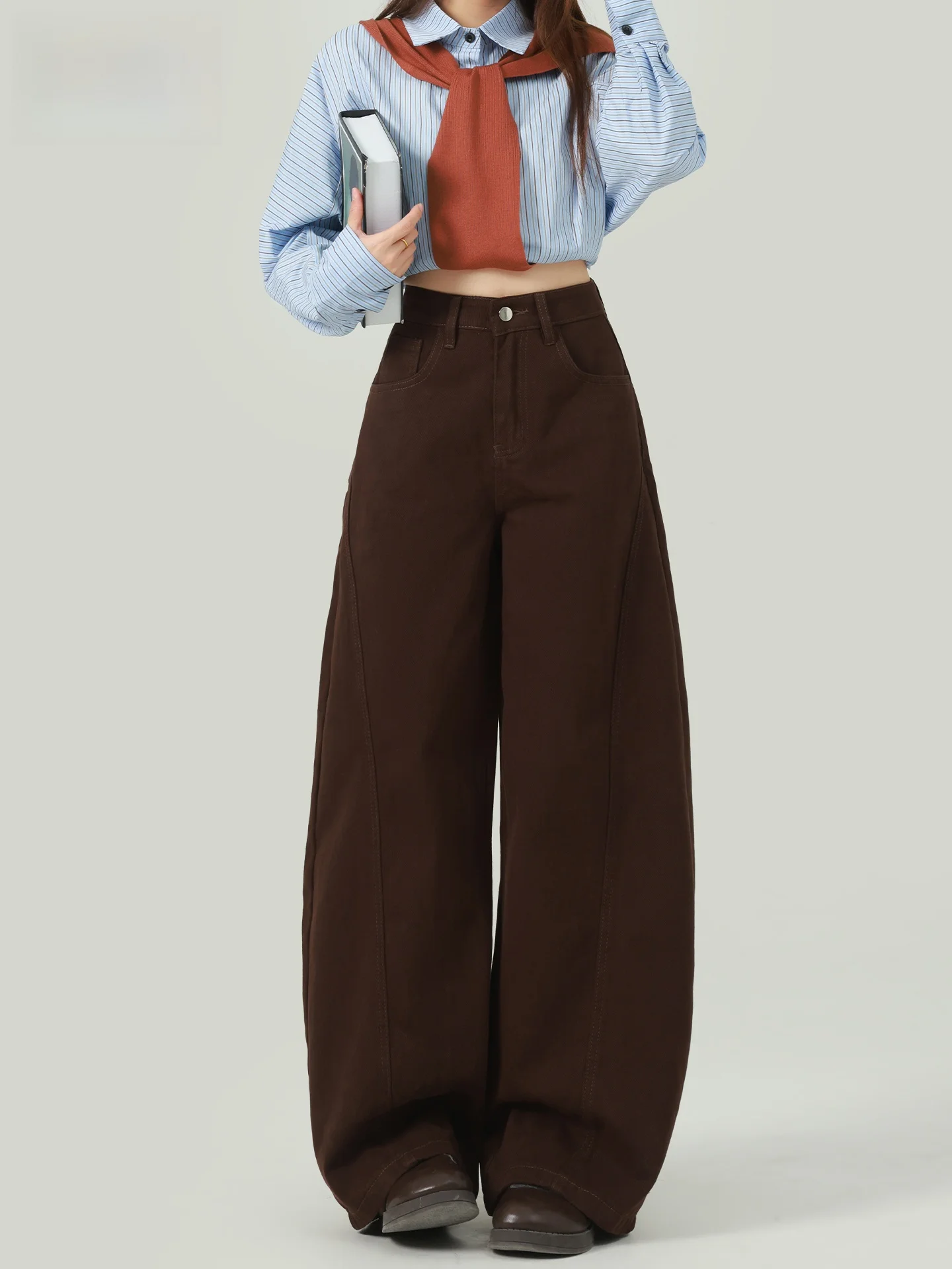 

Café Brown Vintage High Waist Knife Jeans Women Summer Loose Slimming Draping Floor Length Wide Leg Pants Casual