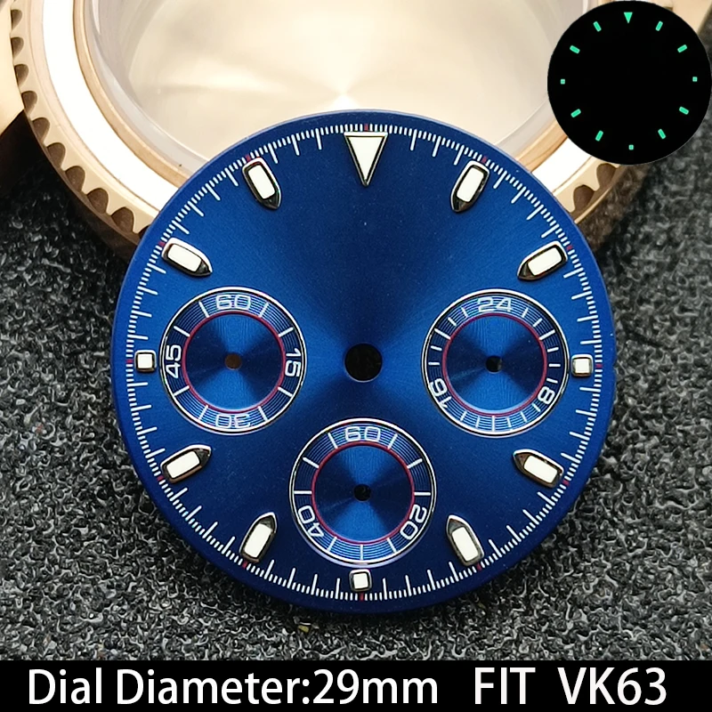 Циферблат VK63, высококачественный зеленый светящийся циферблат часов 29 мм для механизма VK63, аксессуары для мужских часов