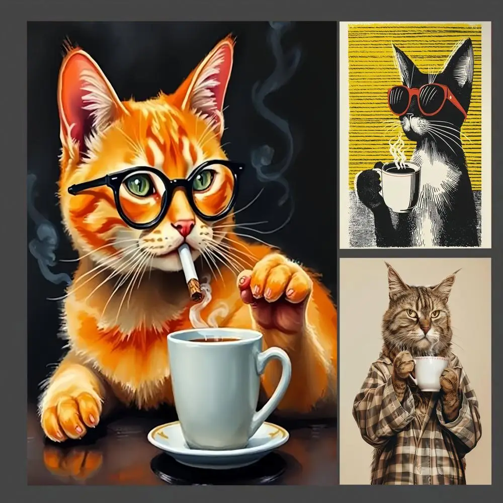 Cool Cat Coffee Canvas Poster Funny Cat Red Sunglasses Vintage Pop Art Quirky Pet Home Decor Gift Painting Calligraphy