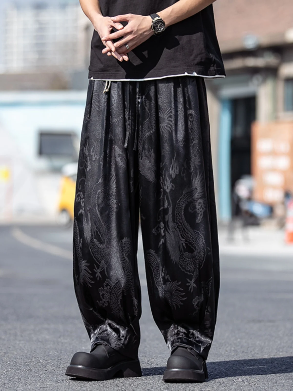 

Новые китайские мужские повседневные брюки с широкими штанинами и узором дракона, модные брендовые брюки свободного кроя, длинные брюки на весну и лето