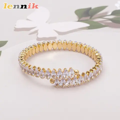 LENNIK Stainless Steel Colored Zircon Bracelet with Fashionable Opening and Adjustable Titanium Steel Women's Bracelet