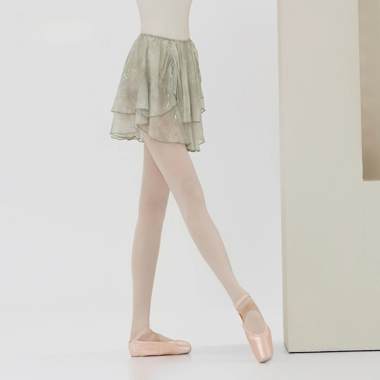 バレエダンススカート二重層シルバー箔プリントメッシュショートフリルチュチュスカート女性アートパフォーマンスボディトレーニングダンスウェア