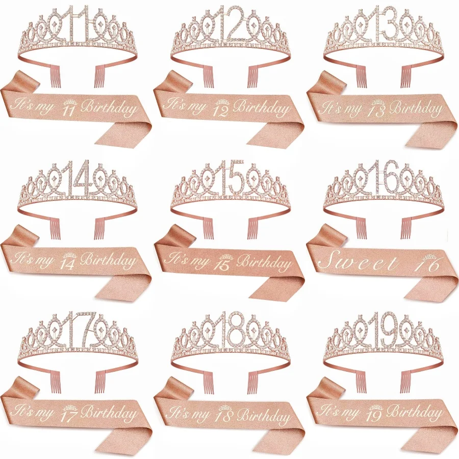 Tiara de cumpleaños, corona, faja para mujeres y niñas, 11. °, 12, 13, 14, 15, 16, 17, 18, 19, 20, decoración para fiesta de cumpleaños, regalos de recuerdo