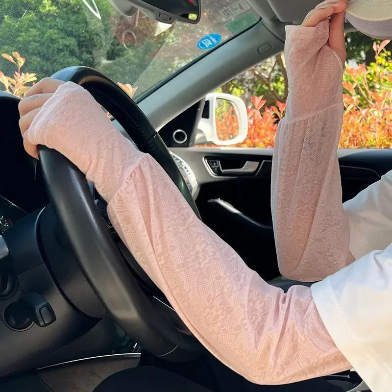 Subtle Jacquard Arm Sleeves Women Ice Silk UV Protection Loose Fit Cooling Sun Breathable Travel Driving Breathable Oversleeves