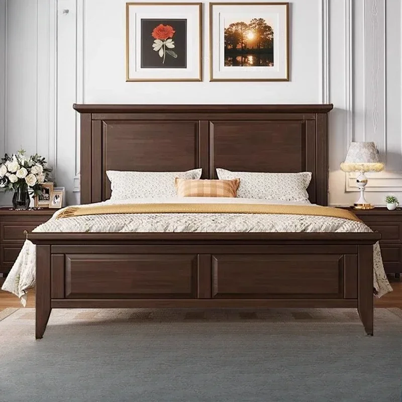American French retro full solid wood bed modern simple master bedroom 1.8 meters double bed small apartment storage wedding bed