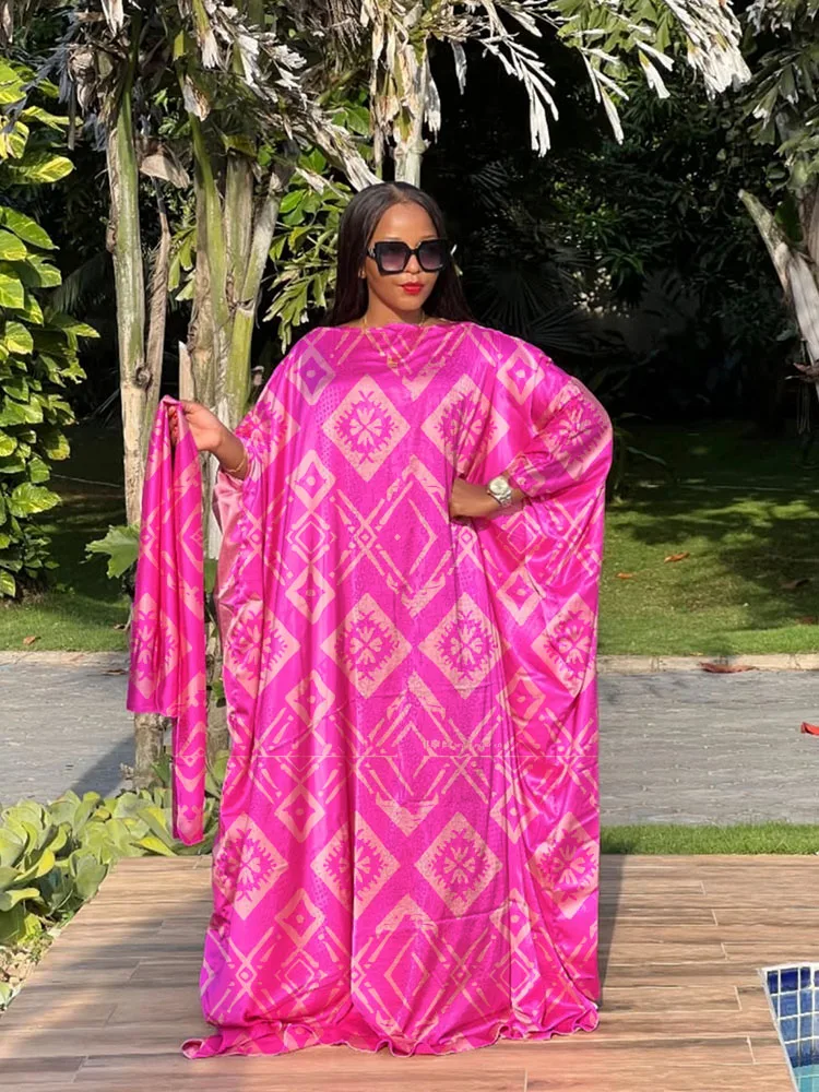 Women's Premium Quality Boubou Dress African Print Comfortable Cotton Brocade Long Gown with Scarf for Wedding Party Guest