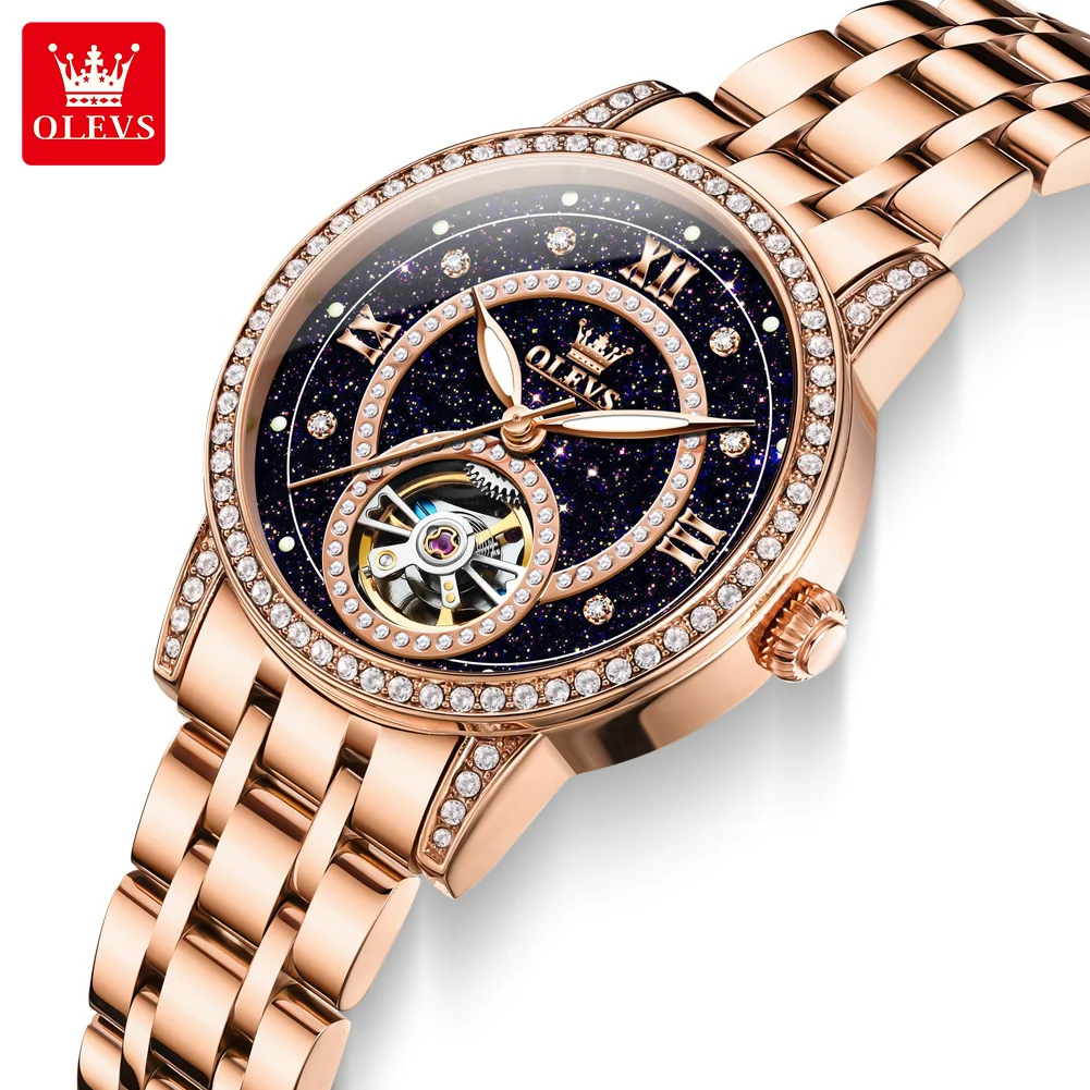 OLEVS Brand Fashion Starry Sky Dial Women Mechanical Watches Diamond Automatic Wristwatch Ladies Waterproof Luminous Clock Women