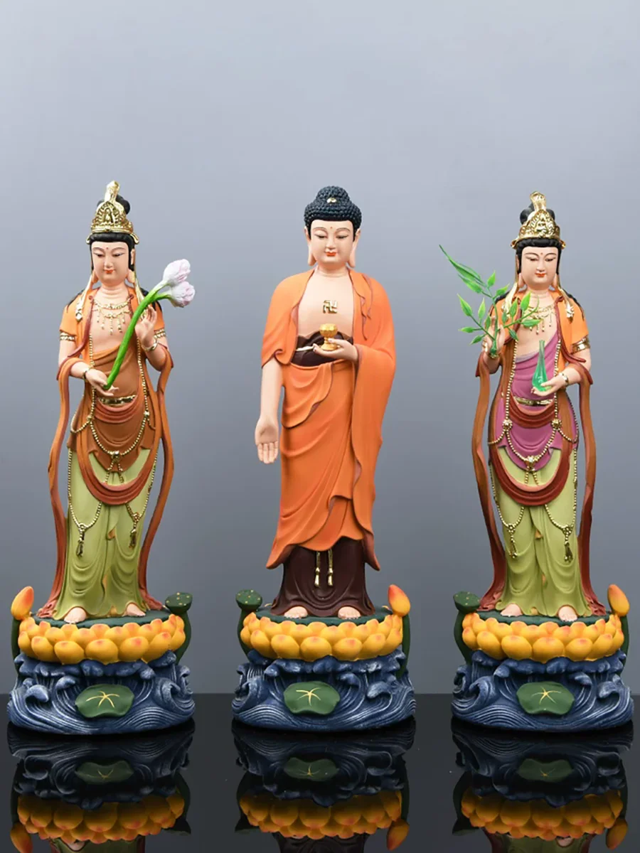 Buddha Statue Set for Home Altar, Three Saints of the West Standing Figurines, Amitabha Guanyin Mahasthamaprapta Resin Sculpture