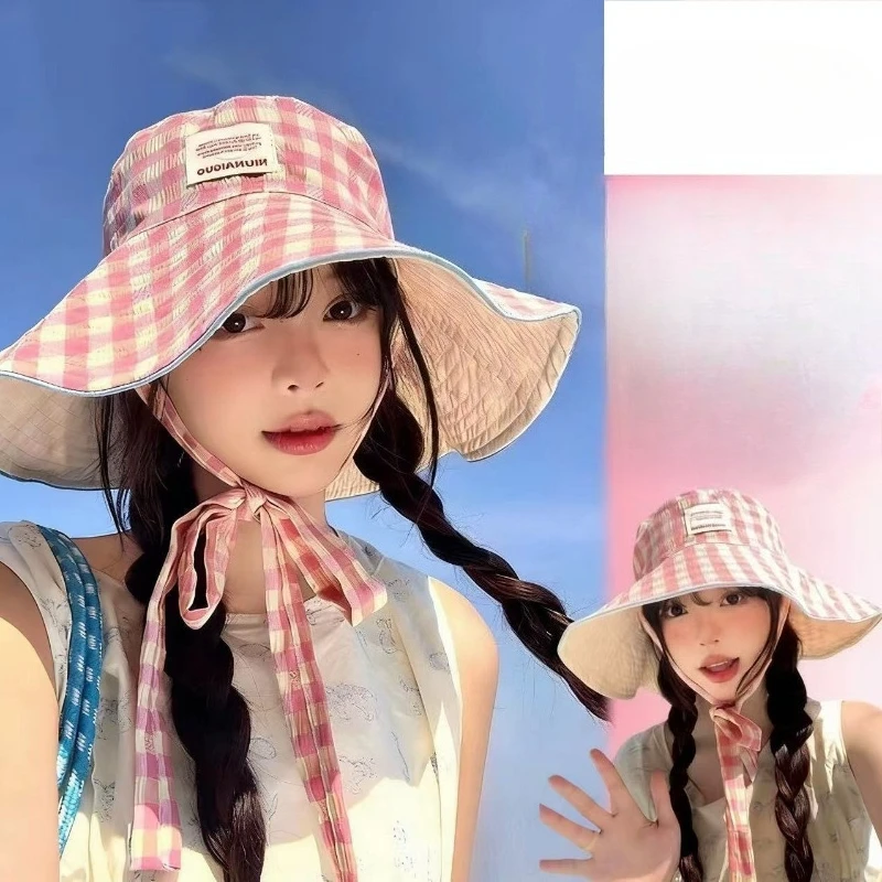 Casual Reversible Plaid Drawstring Bucket Hat for Women Wide Brim Face Slimming Sun Hat Summer Outdoor UV Protection Travel Cap