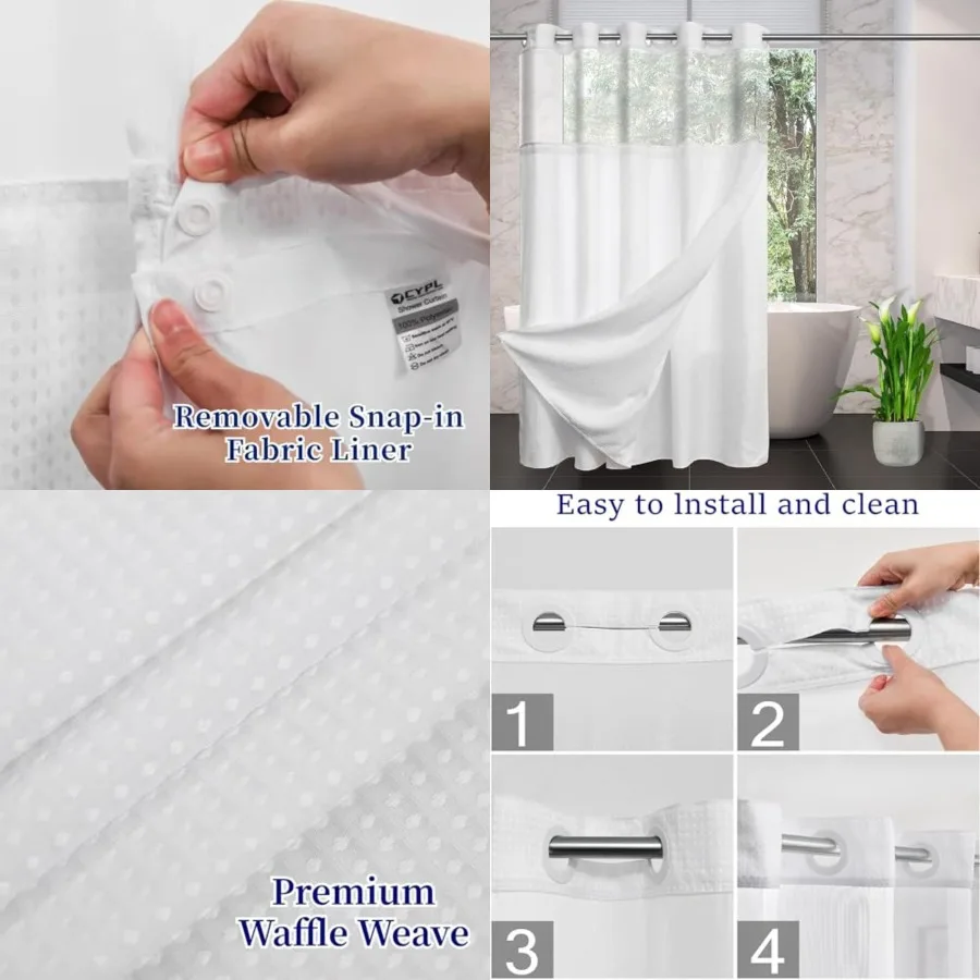 

No Hooks Required Long Waffle Weave Shower Curtain with Snap in Liner-Hotel Grade Waterproof Mesh Top Window Spa Like Bath Curt