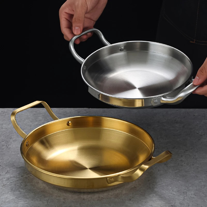 Korean Stainless Steel Shallow Saucepan with Double Ear Seafood Cooking Dry Pots Paella Frying Pan Kitchen Cookware Utensils