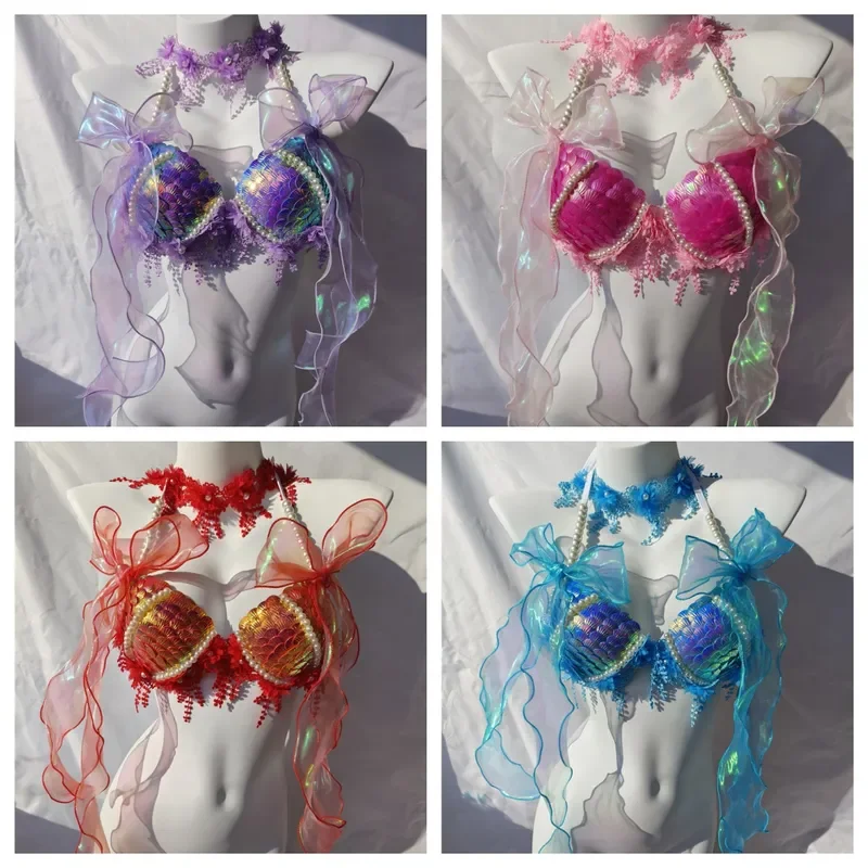 

New women bikini top bra kawaii mermaid sequin shell Aquarium Bar Lolita show outfit fishtail leather Halloween cosplay costumes