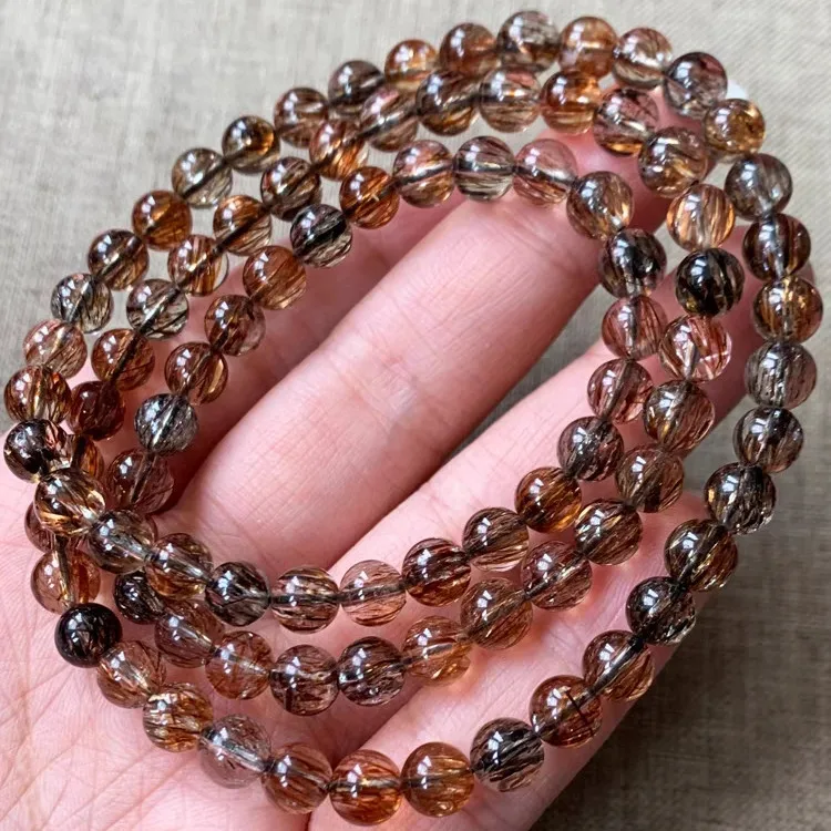 

Natural Black Gold Super Seven Rutilated 3 Laps Bracelet 6mm Jewelry Clear Round Beads Copper Rutilated Women Men AAAAAA