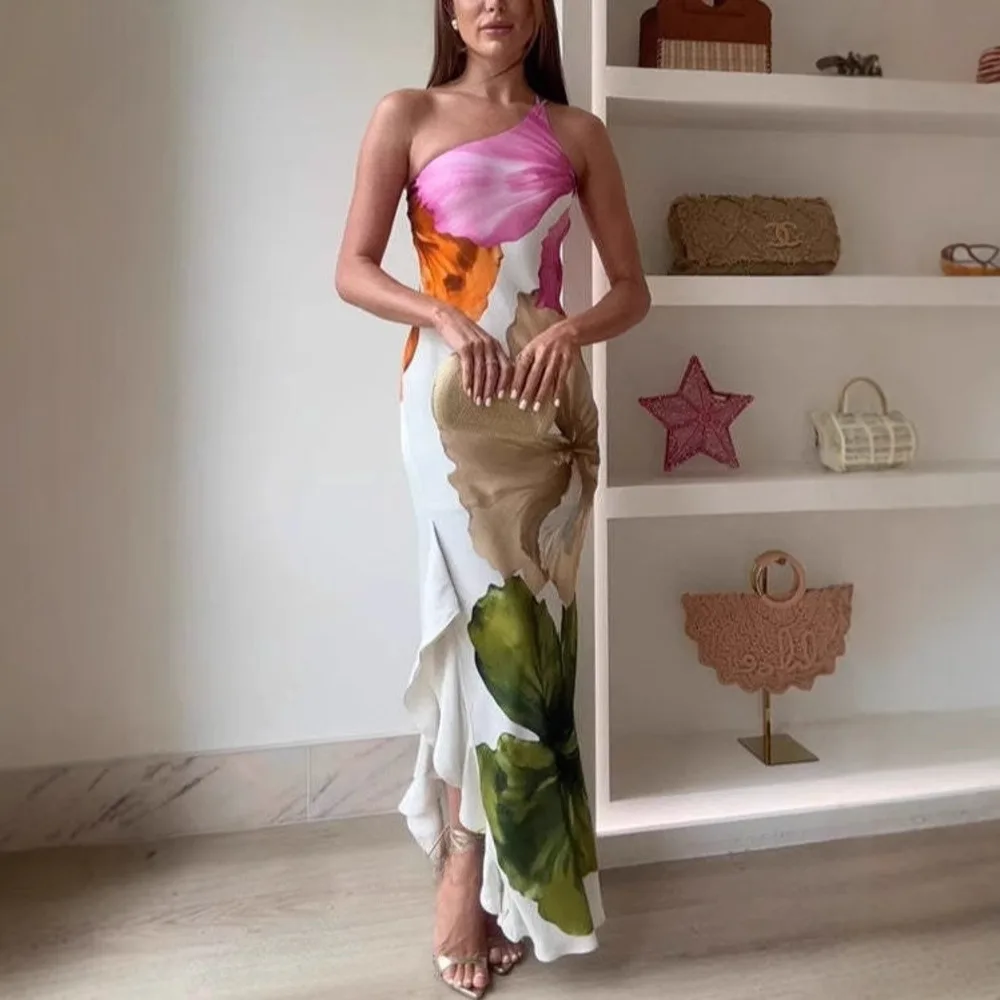 

Elegant Sleeveless Maxi Dress 2025 Summer One Shoulder Ruffles Satin Slit Floral Print Dress Casual Party Gown