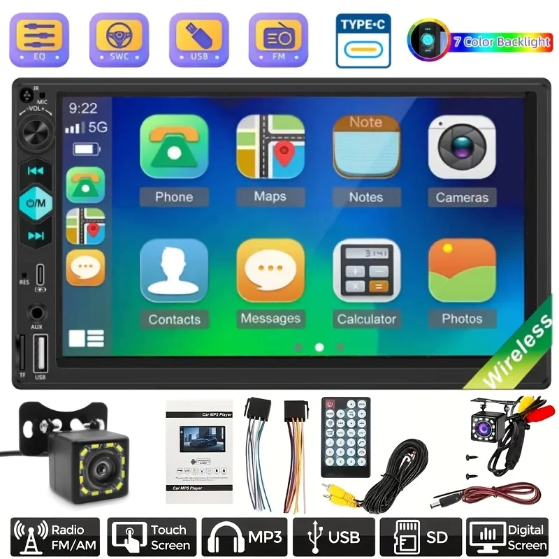 

7-дюймовый автомобильный MP5-плеер с 12-светодиодной резервной камерой | Стерео радио с сенсорным экраном 2DIN, Mirror Link, BT Wireless, FM, USB/TF/AUX/Type-C