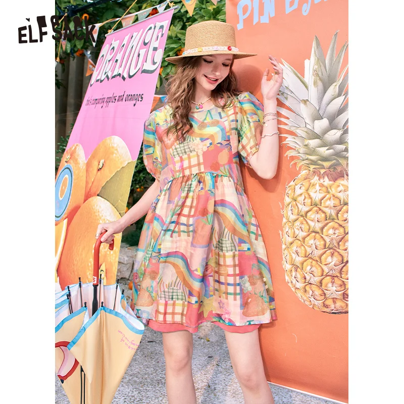 ELFSACK 2024 summer new arrival Puff Sleeve Full Indian Fake Style Knee Length Princess Skirt Dress for women