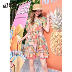 ELFSACK 2024 summer new arrival Puff Sleeve Full Indian Fake Style Knee Length Princess Skirt Dress for women