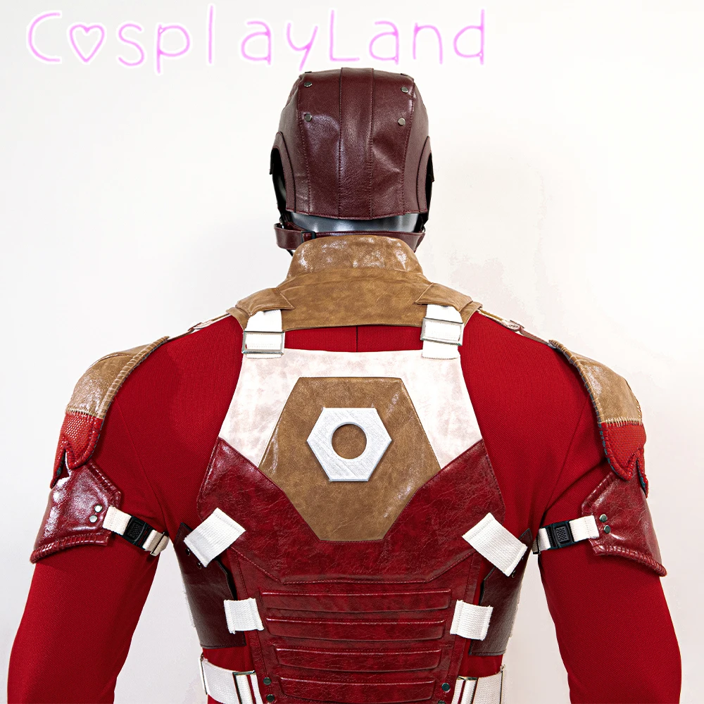 Disfraz de superhéroe de alta calidad, guardián rojo, casco, mono, chaleco de cuero, traje de batalla, conjunto completo, disfraz de Carnaval de Halloween