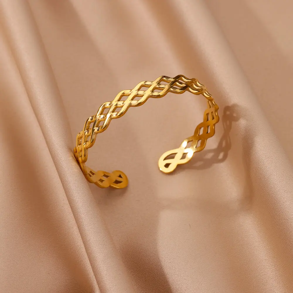 Stainless Steel Bangles Bracelets for Women Gold Color Geometric Texture Open Cuff Bangle Bracelet Femme Vintage Jewelry pulsera