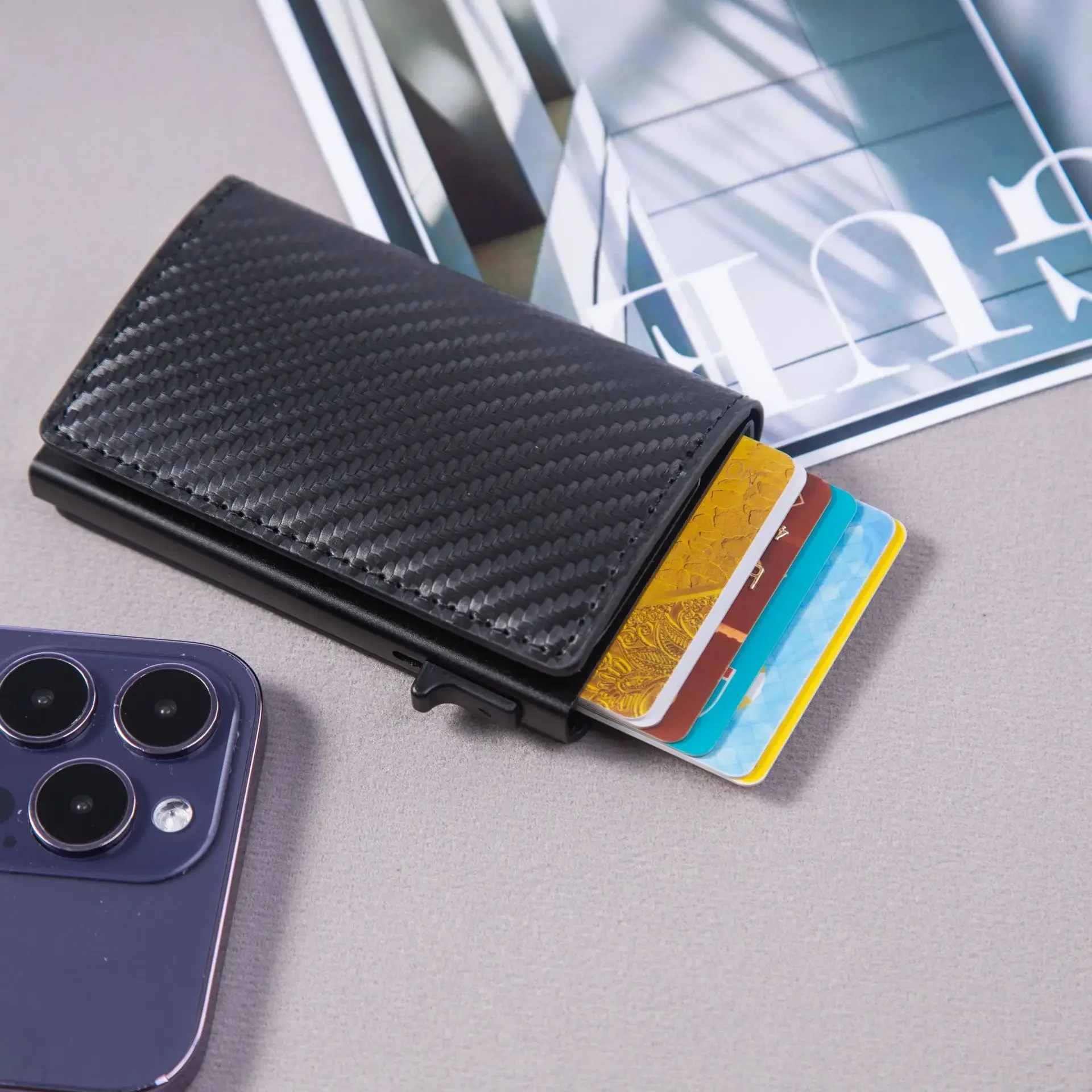 

Carbon Fiber Credit Card Holder Wallet Men Rfid Smart Meral Thin Slim Pop Up Minimalist Wallet Small Black Purse Metal Wallet