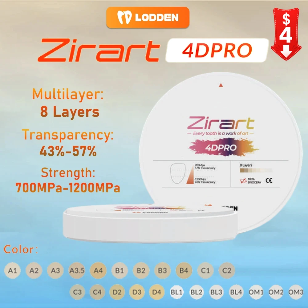 Lodden 4D PRO Zirconia Dental bloque multicapa disco 98mm bloque de disco de circonio Dental para productos dentales CAD CAM