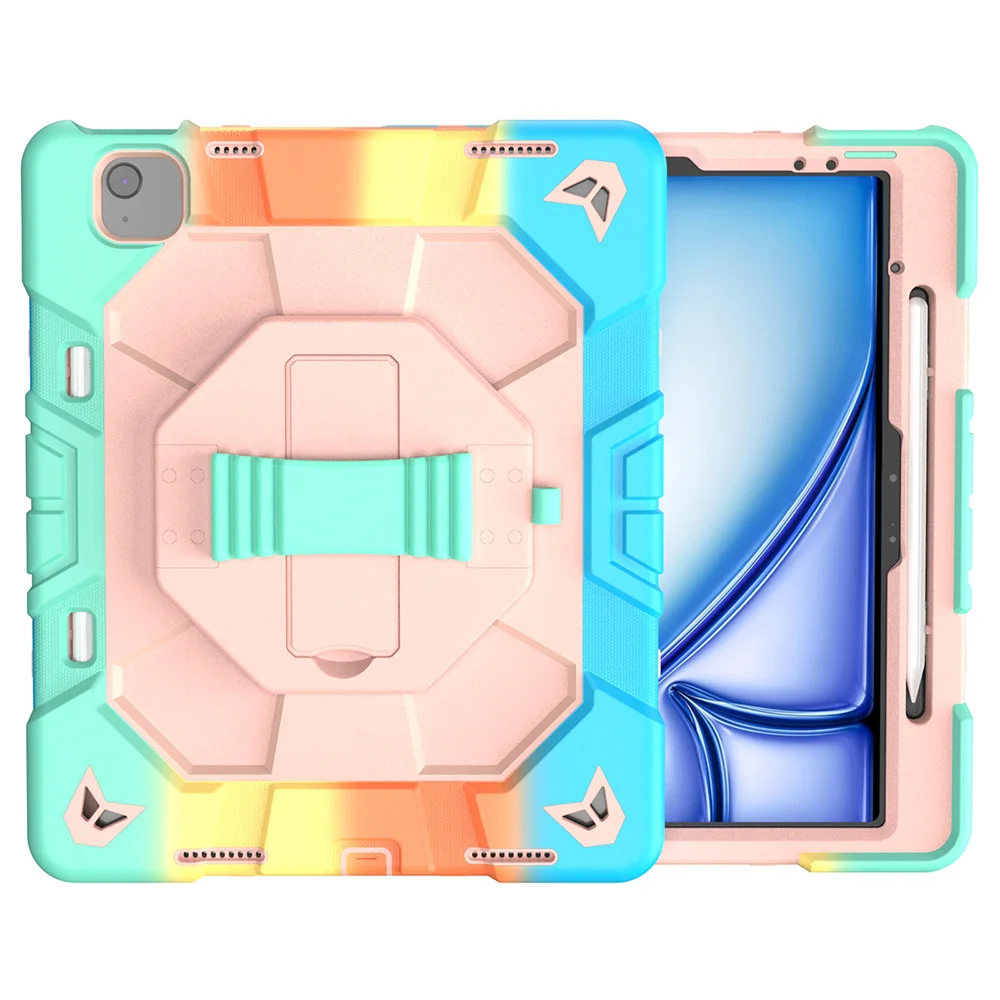 For iPad Air 13 (2026)  /  (2025)  /  (2024) Case with Kickstand Wrist Strap PC + Silicone Tablet Cover - Rainbow+Pink