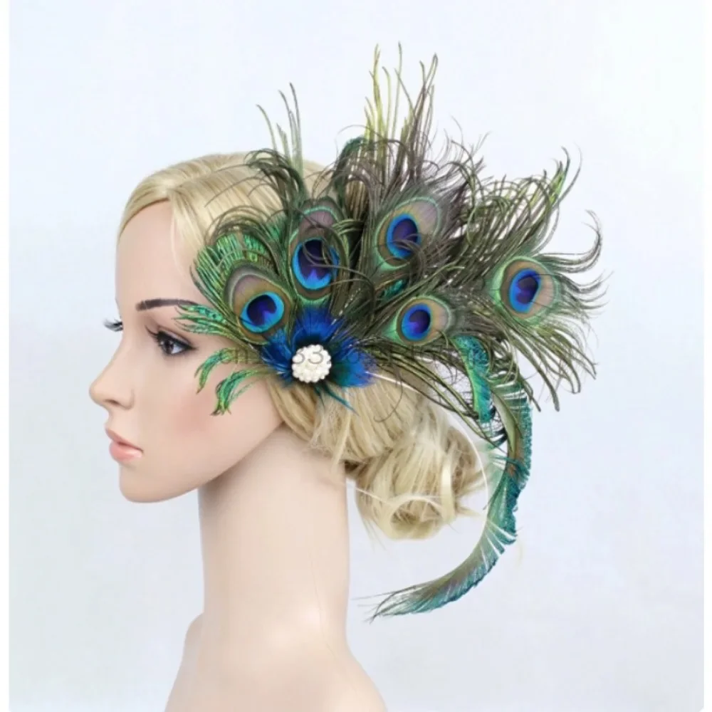 Bridal Peacock Feather Headpiece Exaggerated Fascinator Mini Top Hat Hair Clip For Wedding Party Ball Dance Show Hair Accessory