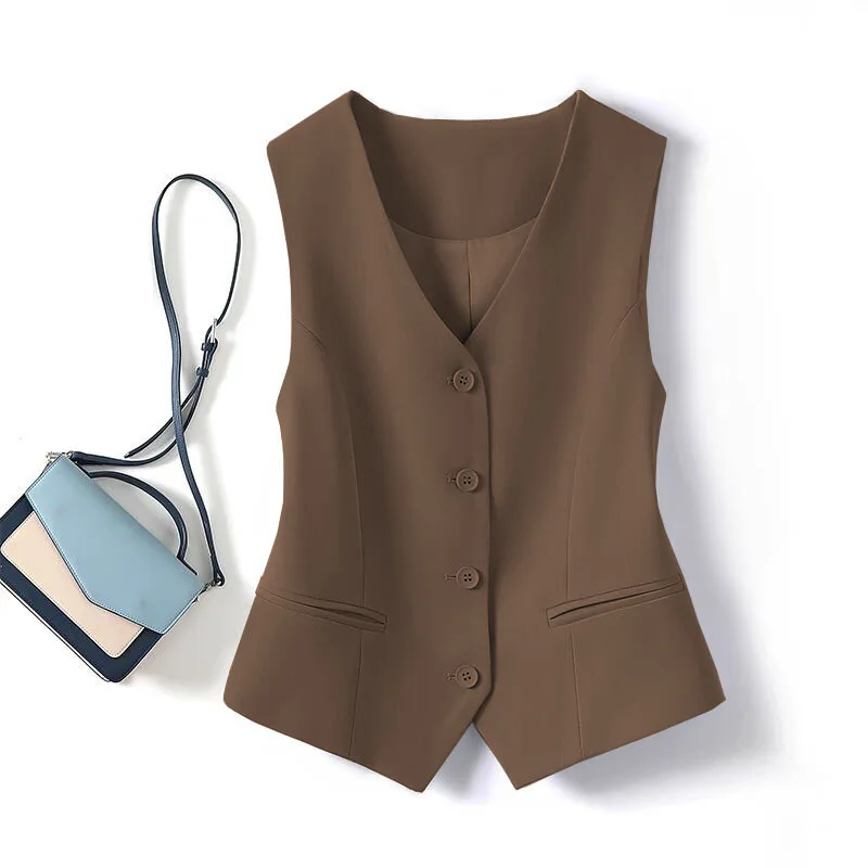 Women Vest Coat New Spring Autumn Slim-fitting Solid Color Pocket V Neck Short Waistcoat Vest Women's Clothing