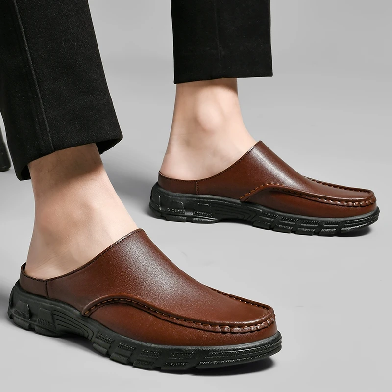 Sandales d'été en cuir véritable pour hommes, chaussures formelles d'affaires, mules de créateurs pour hommes, pantoufles décontractées d'extérieur, chaussures de travail confortables pour le bureau