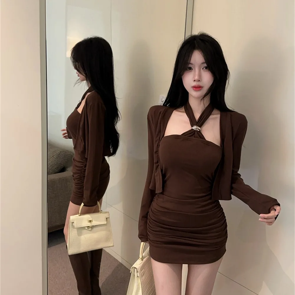 

Чистый цвет, осень-зима, ort Sve Long Dr, сексуальный комплект с бретельками на одно плечо, комплект из двух предметов, облегающий комплект для поездок на работу