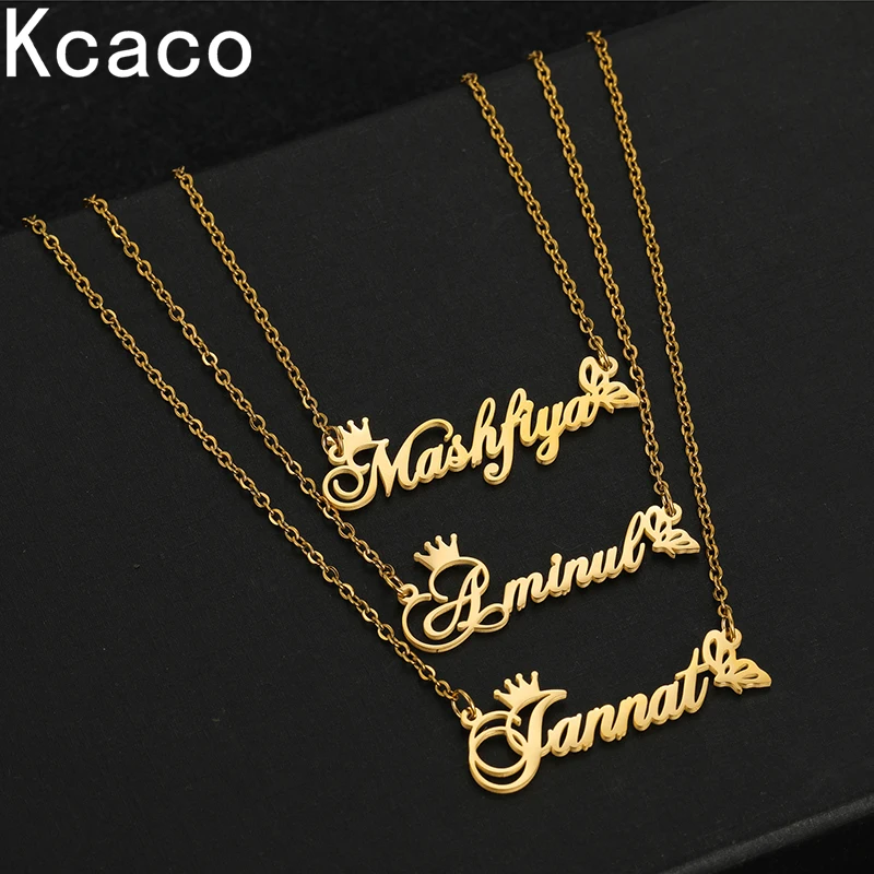 

Personalized 3 Layers Pendants Name Necklace Fashion Crown Butterfly Letters Stainless Steel Chain Choker Family Jewellery Gifts