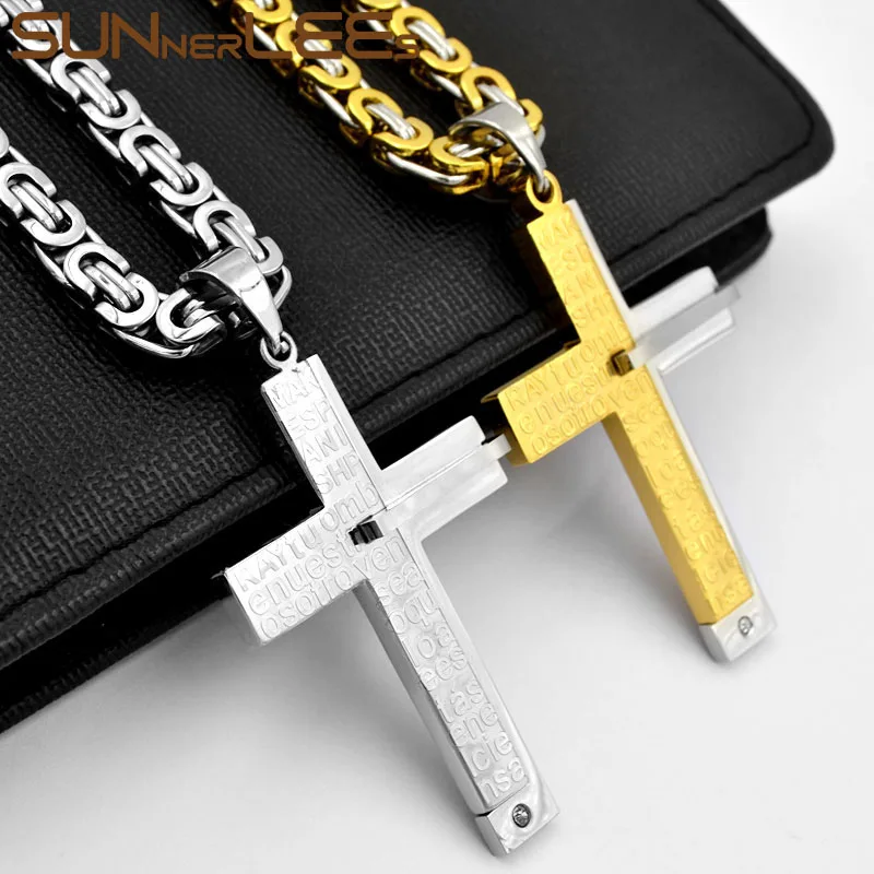 SUNNERLEES Stainless Steel Jesus Christ Cross Pendant Necklace Byzantine Link Chain Silver Color Gold Plated Men Boys Gift SP256