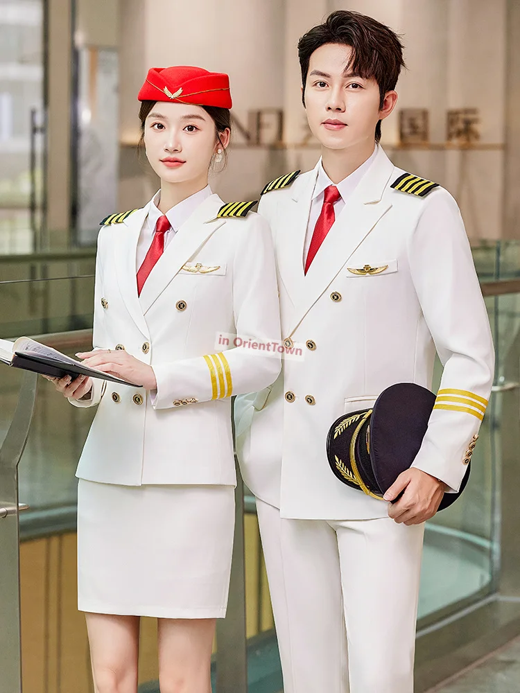 Uomo Pilot Uniform Air Captain Jacket Pants Airline Woman Top Pants Security Guard Manager Costume Fight Attendent Skirt Suit