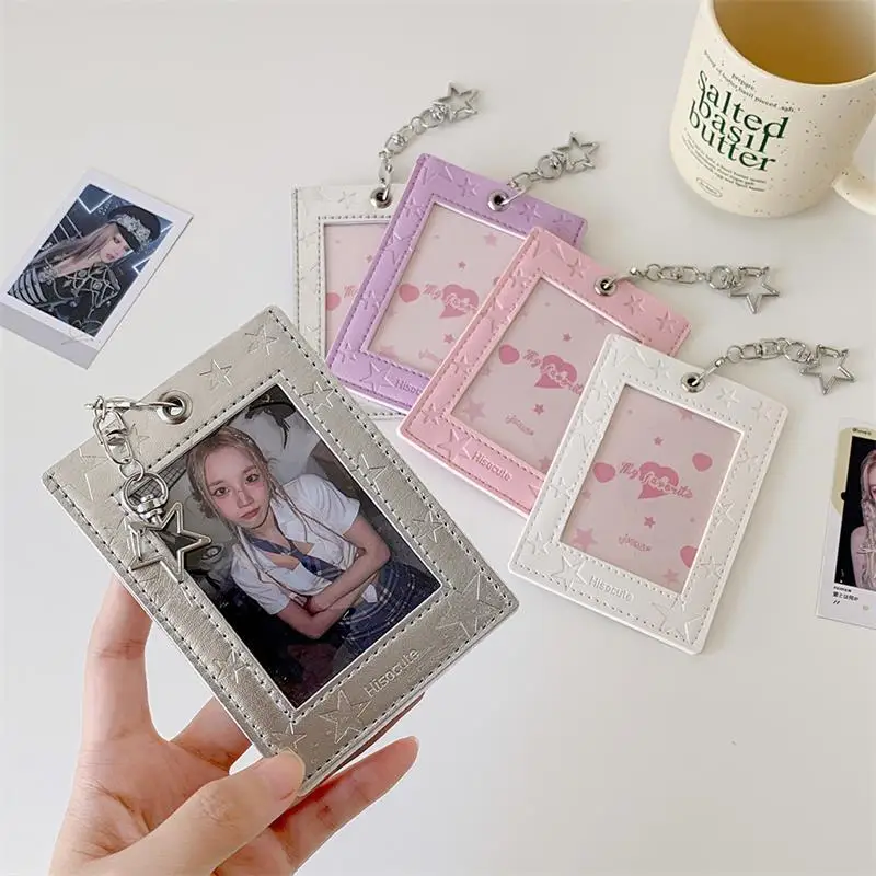 Cute PU Leather Star Card Holder Photocard Holder Idol Photo Display Storage Protective Cover Keyring Pendant Bag Charms Gifts