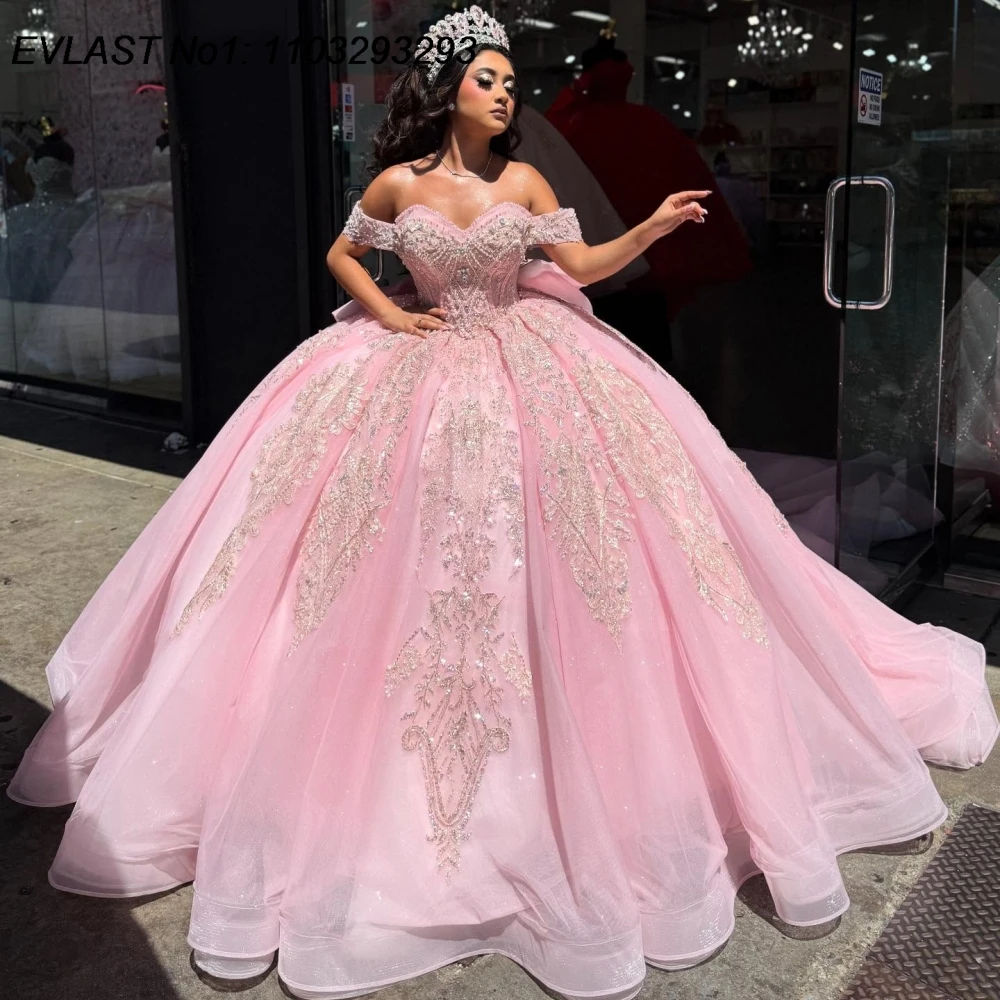 

EVLAST Customized Shiny Pink Ball Gown Quinceanera Dress Lace Applique Sequins Beading Bow Sweet 16 Vestidos De 15 Anos E1QN144