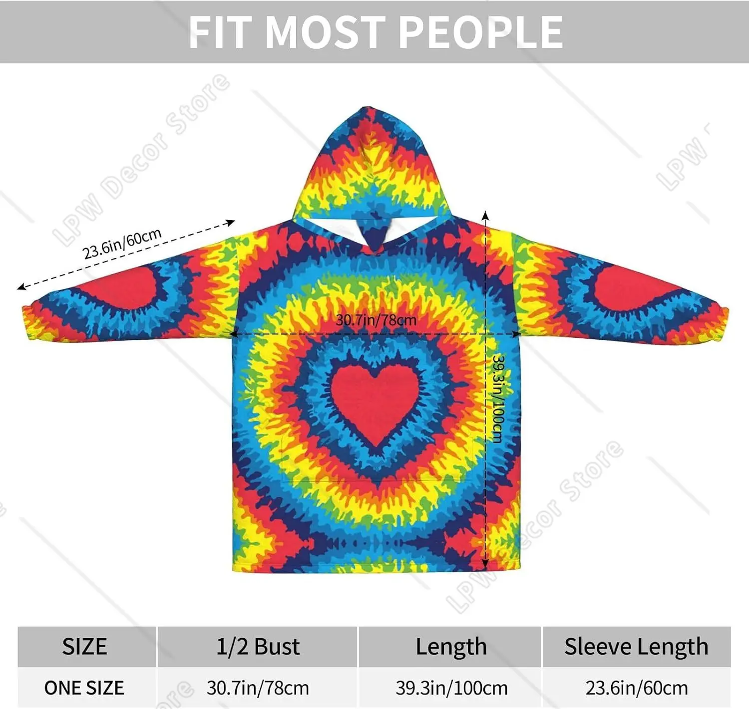Heart Rainbow TieDyed Print Blanket Hoodies For Women   Men Adult Teen Wearable Hooded Sweatshirt With Pocket